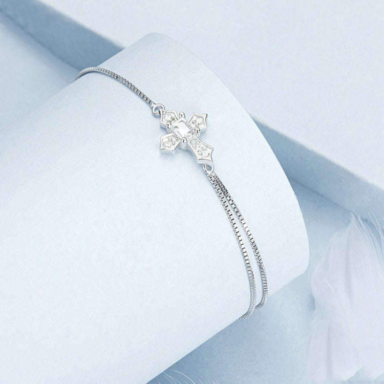 S925 Sterling Silver Platinum Plated Double Layer Cross Women Bracelet