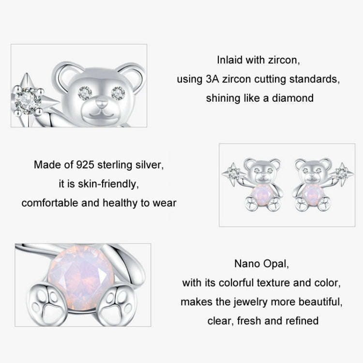 S925 Sterling Silver Platinum Plated Cute Bear Opal Earrings