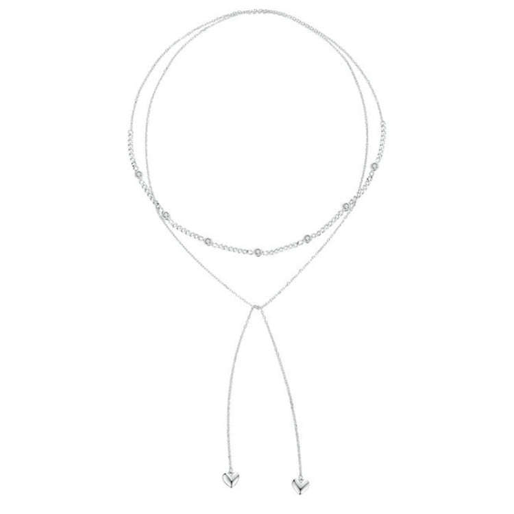 S925 Sterling Silver Platinum Plated Heart Shaped Double Sweater Necklace