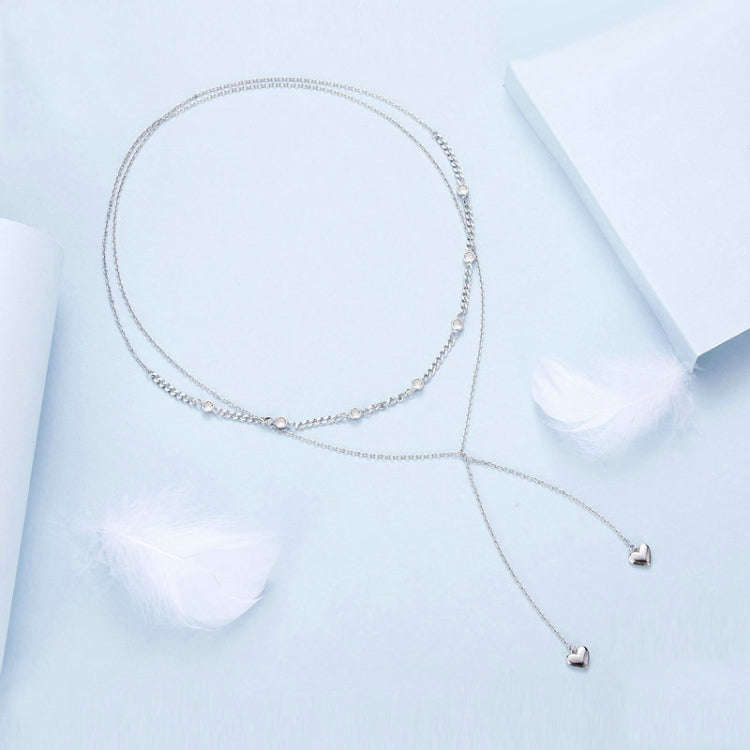 S925 Sterling Silver Platinum Plated Heart Shaped Double Sweater Necklace