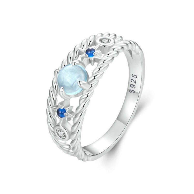 S925 Sterling Silver Platinum Plated Starry Hollow Ring, Size: No.6