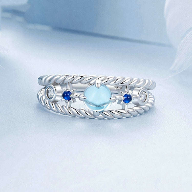 S925 Sterling Silver Platinum Plated Starry Hollow Ring, Size: No.6
