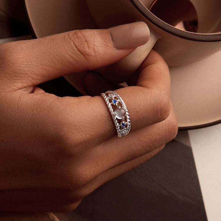 S925 Sterling Silver Platinum Plated Starry Hollow Ring, Size: No.7