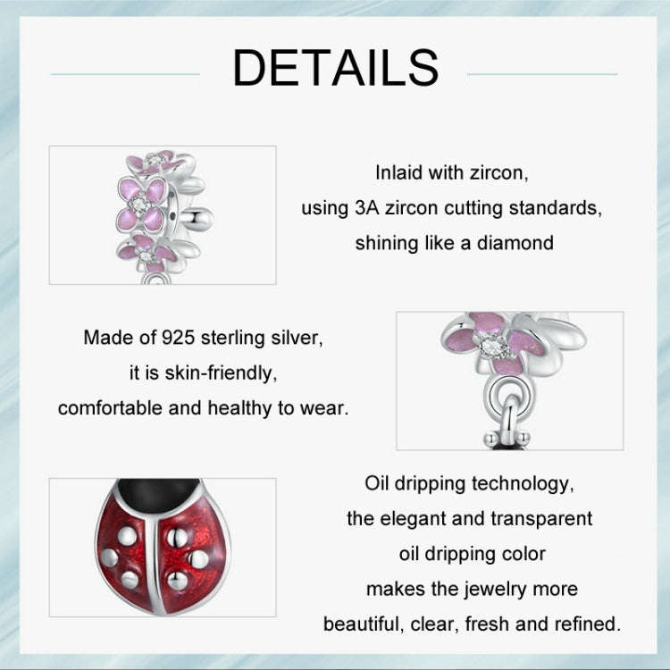 S925 Sterling Silver Platinum Plated Flower Ladybug DIY Beads(SCC2740)