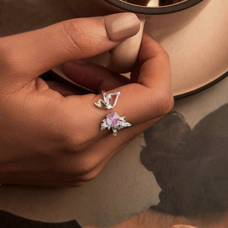 S925 Sterling Silver Platinum Plated Flower Butterfly Adjustable Ring(SCR1011-E)