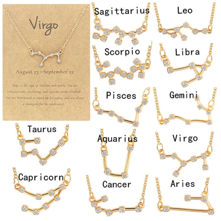 12 Zodiac Signs With Diamonds Necklace Card Rhinestones Collarbone Chain Pendant, Style: Aquarius...