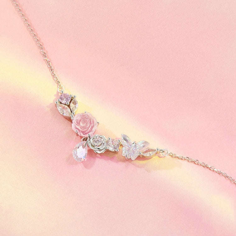 S925 Sterling Silver Platinum Plated Fantasy Butterfly Flower Necklace(SCN521)