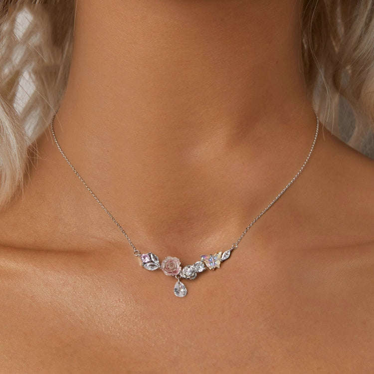 S925 Sterling Silver Platinum Plated Fantasy Butterfly Flower Necklace(SCN521)