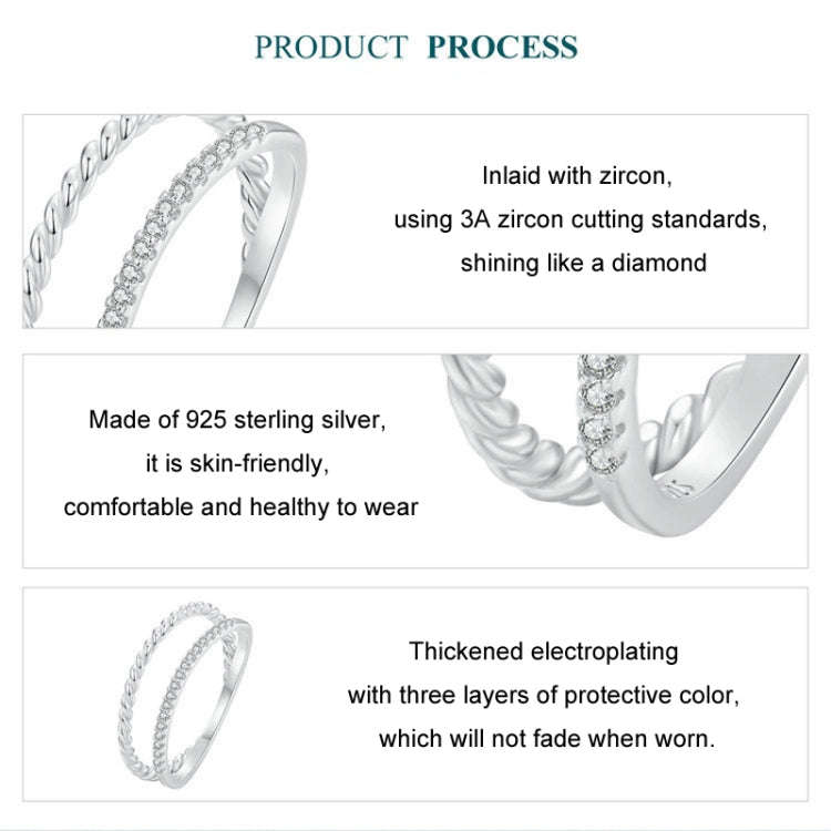 S925 Sterling Silver Platinum Plated Twist Double Layer Ring(No.8)
