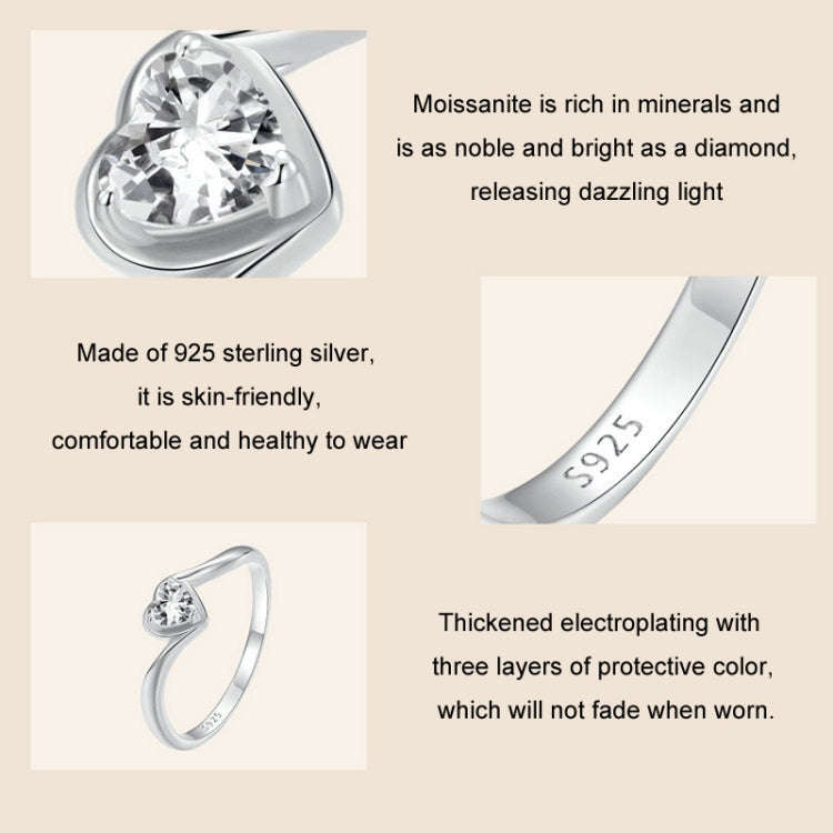S925 Sterling Silver Platinum Plated Love Moissanite Ring, Size: No.8(MSR047)