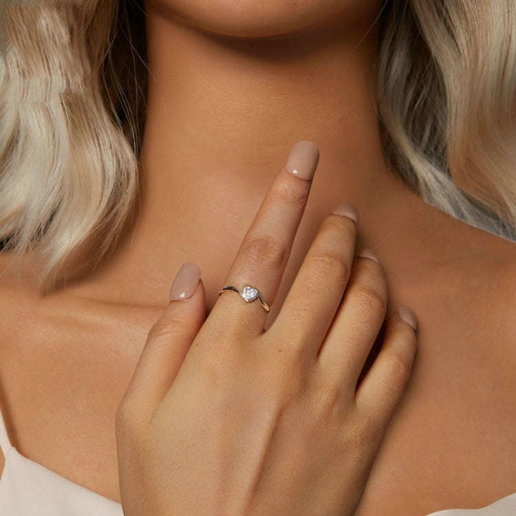 S925 Sterling Silver Platinum Plated Love Moissanite Ring, Size: No.8(MSR047)