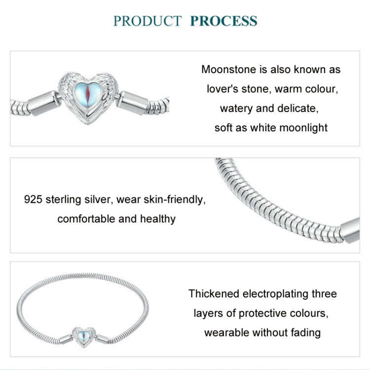 S925 Sterling Silver Plated White Gold Heart DIY Basic Bracelet, Length: 19cm