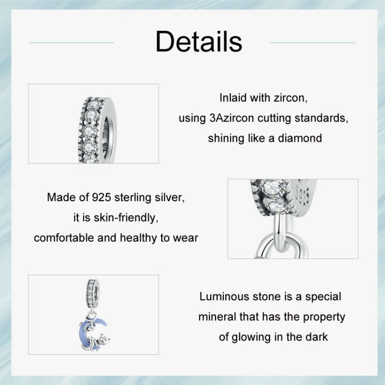 S925 Sterling Silver Luminous Cute Moon Cat DIY Pendant Beads(SCC2747)