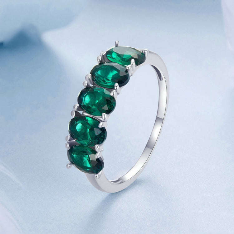 S925 Sterling Silver Luxury Alphabet Green Zirconia Women Ring, Size: No.8(BSR522)