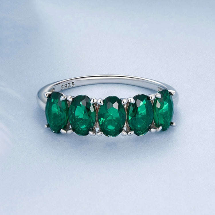 S925 Sterling Silver Luxury Alphabet Green Zirconia Women Ring, Size: No.7(BSR522)