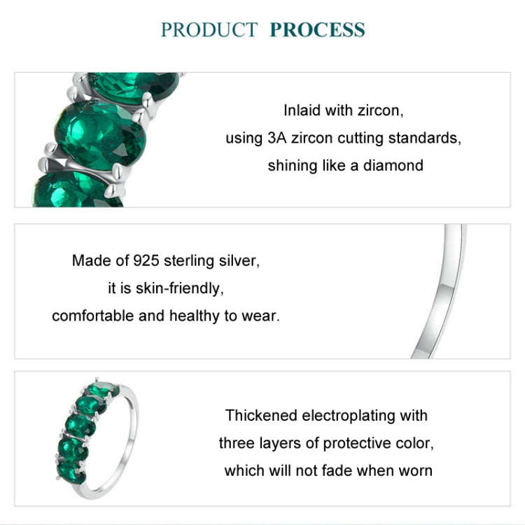 S925 Sterling Silver Luxury Alphabet Green Zirconia Women Ring, Size: No.7(BSR522)