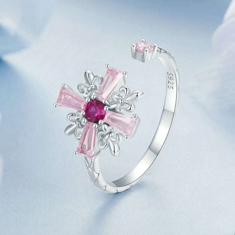 S925 Sterling Silver Platinum-plated Pink Iris Cross Open Ring(BSR526-E)