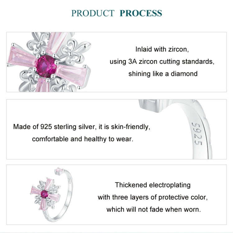 S925 Sterling Silver Platinum-plated Pink Iris Cross Open Ring(BSR526-E)