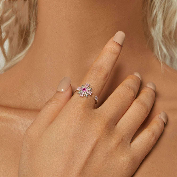 S925 Sterling Silver Platinum-plated Pink Iris Cross Open Ring(BSR526-E)