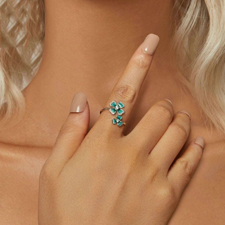 S925 Sterling Silver Platinum Plated Lucky Four-leaf Clover Open Adjustable Ring(BSR528-E)