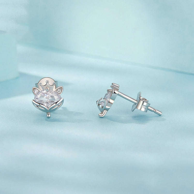 S925 Sterling Silver Platinum Plated Crown Fox Princess Earrings(SCE1708)