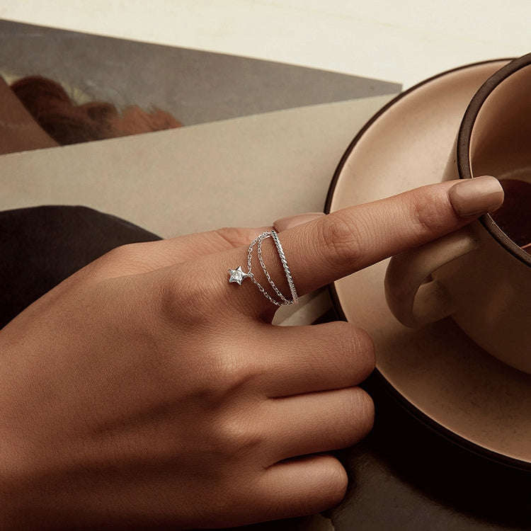 S925 Sterling Silver Chain Tassel Star Open Ring(BSR603-E)