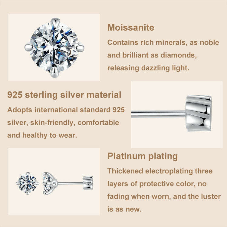MSE062 S925 Sterling Silver Plated With Platinum Four-Claw Shining Moissanite Earrings, Size: M