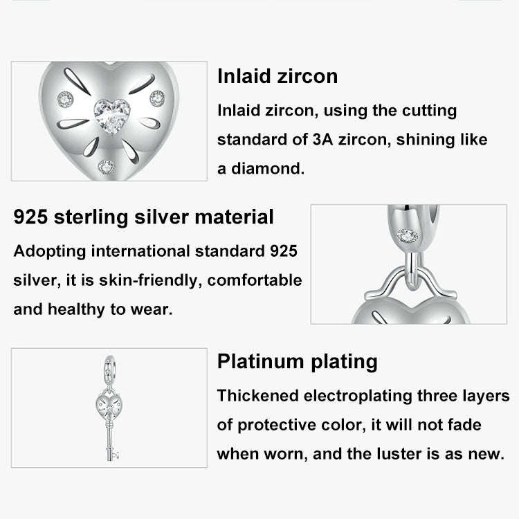 S925 Sterling Silver Platinum-plated Three-dimensional Heart Key-shaped Beaded Jewelry Pendants(S...