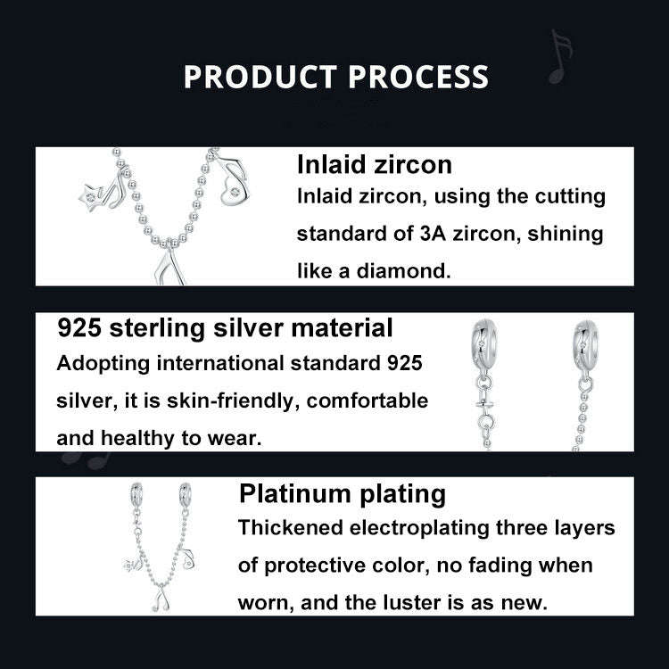 S925 Sterling Silver Platinum-plated Note Shape Safety Chain Jewelry Pendant Accessories(SCC2871)