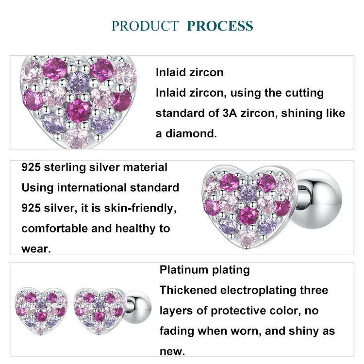 S925 Sterling Silver Plated With Platinum Color-Blocked Zircon Heart-Shaped Earrings(BSE1044)