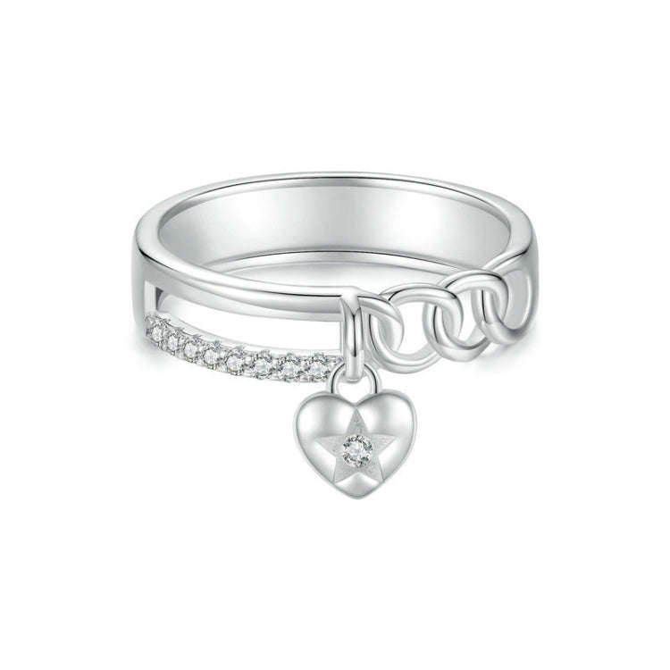 S925 Sterling Silver Platinum-plated Double-layer Chain Heart-shaped Ring, Size: 6(BSR572)