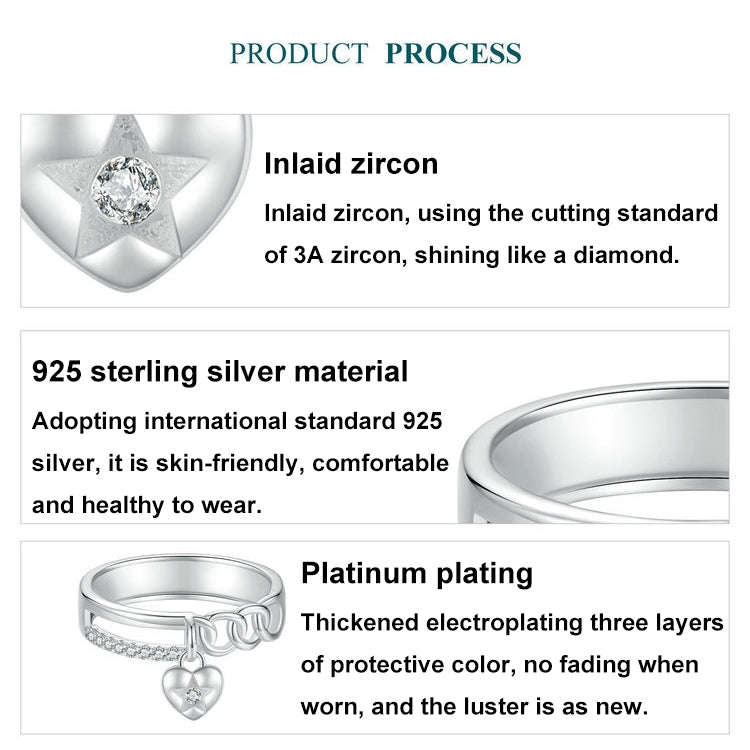 S925 Sterling Silver Platinum-plated Double-layer Chain Heart-shaped Ring, Size: 6(BSR572)