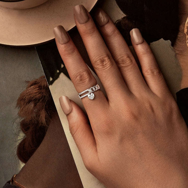 S925 Sterling Silver Platinum-plated Double-layer Chain Heart-shaped Ring, Size: 6(BSR572)