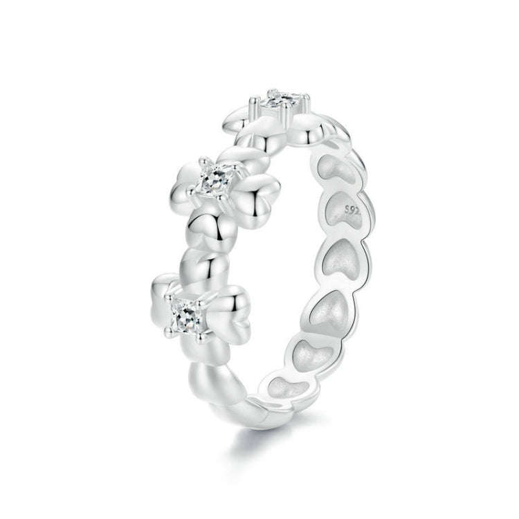 S925 Sterling Silver Platinum-plated Lucky Four-leaf Clover Ring, Size: 7(SCR1045)