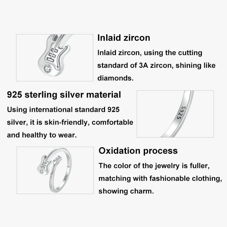 S925 Sterling Silver Oxidized Guitar-shaped Ring Opening Ring Jewelry(SCR1042-E)