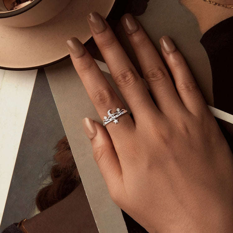 SCR1046 S925 Sterling Silver Platinum-plated Romantic Star and Moon Ring(7)