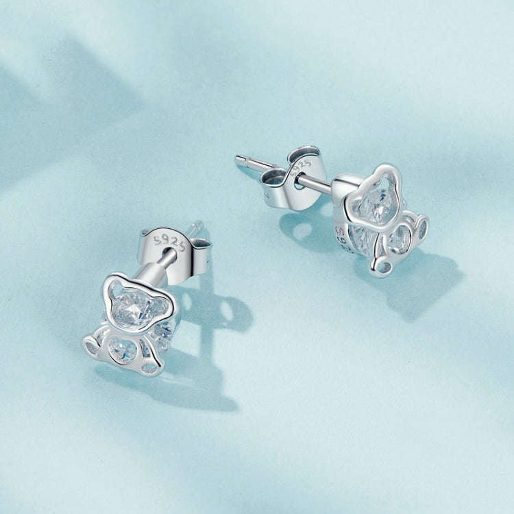 S925 Sterling Silver Platinum-plated Cute Bear Zircon Earrings(SCE1764)