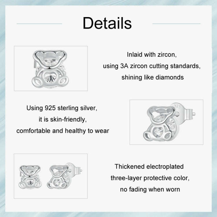 S925 Sterling Silver Platinum-plated Cute Bear Zircon Earrings(SCE1764)