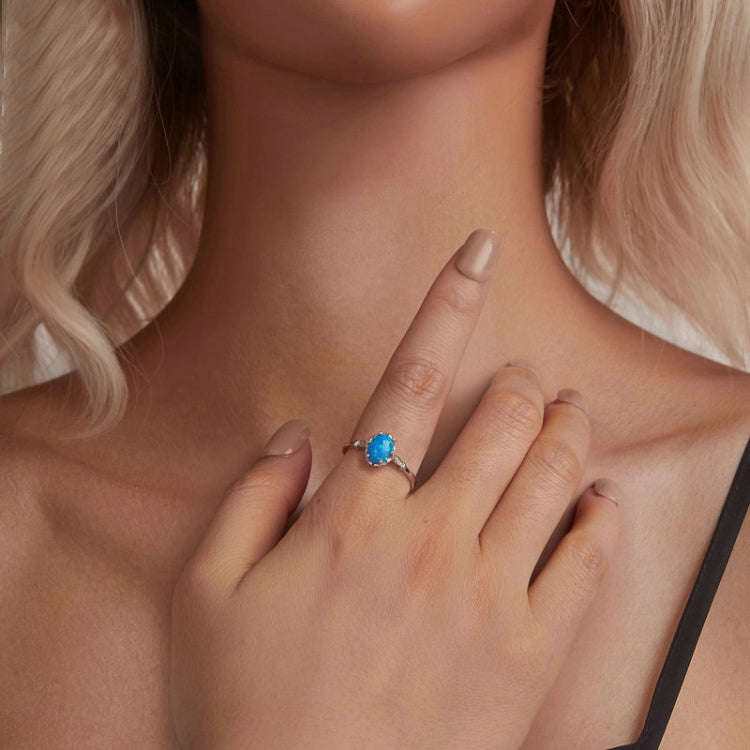 S925 Sterling Silver Ocean Blue Crown Opal Ring, Size: No. 6