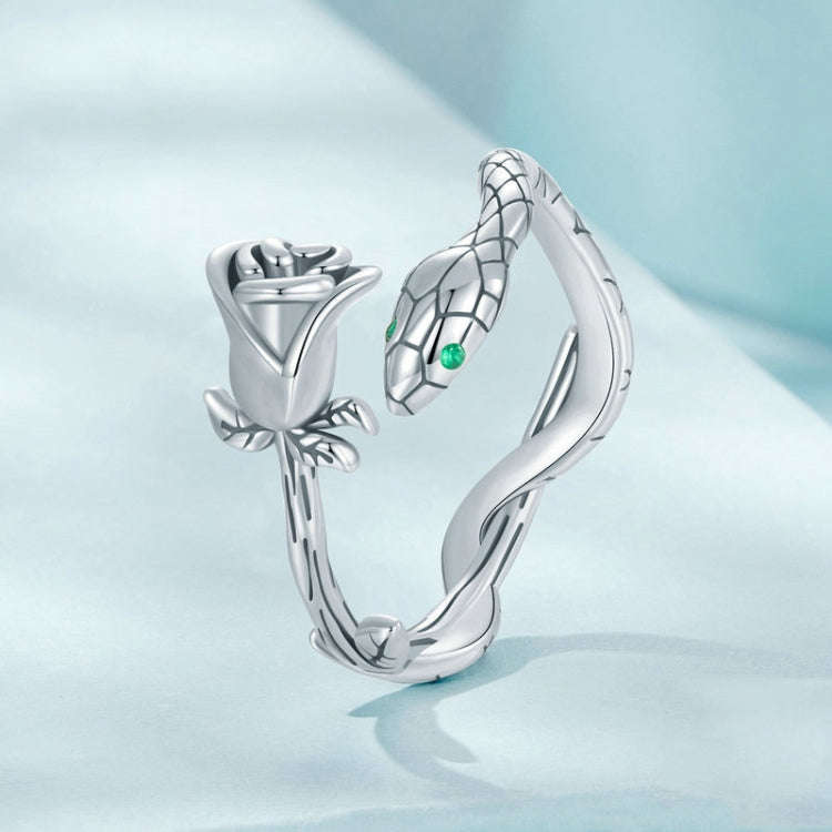 S925 Sterling Silver Platinum-plated Snake Rose Open Ring, Model: SCR1041-E