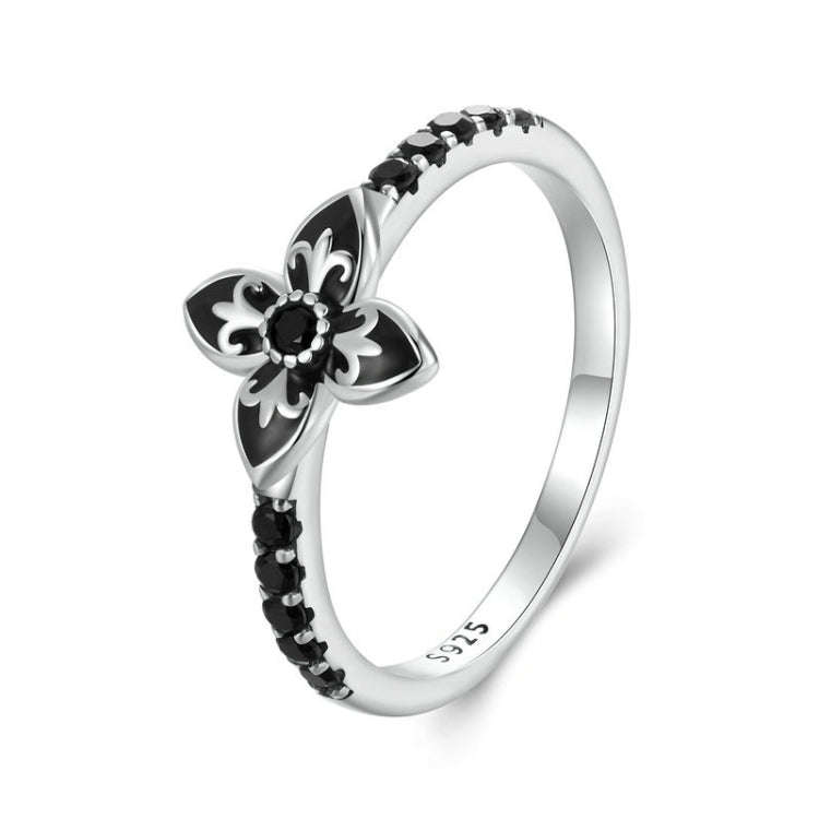 SCR1075 S925 Sterling Silver Oxidized Retro Elegant Black and White Flower Ring(7)