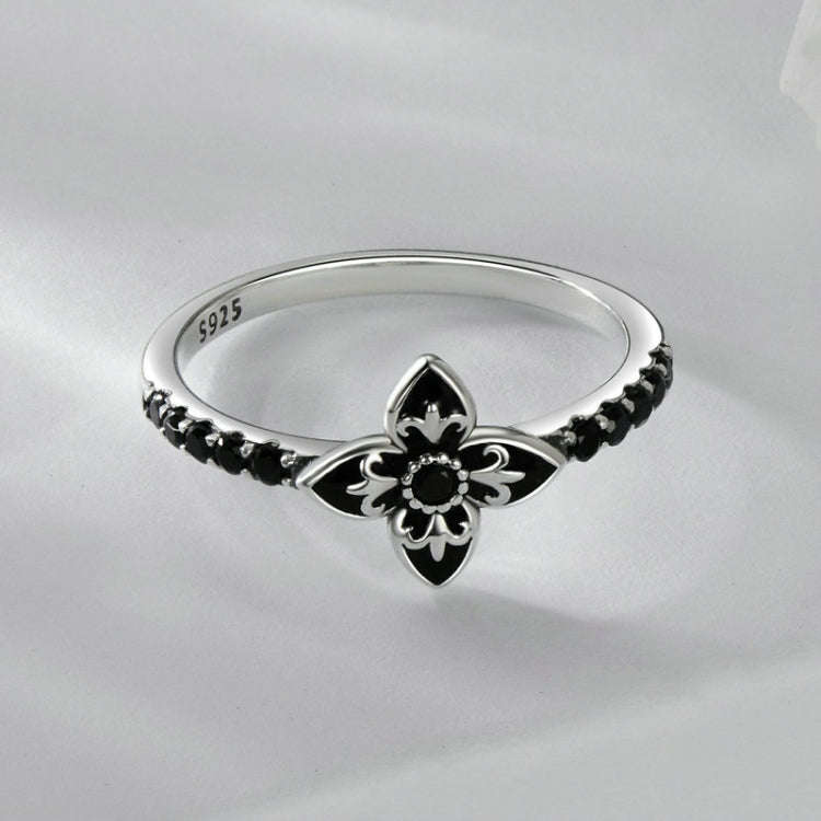 SCR1075 S925 Sterling Silver Oxidized Retro Elegant Black and White Flower Ring(7)