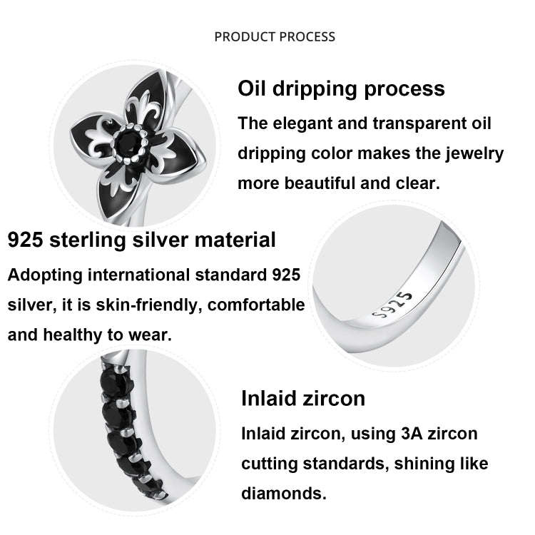 SCR1075 S925 Sterling Silver Oxidized Retro Elegant Black and White Flower Ring(7)