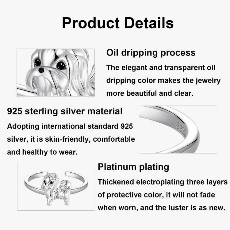 S925 Sterling Silver Platinum-plated Cute Shih Tzu Open Ring Adjustable Animal Jewelry Ring(SCR10...
