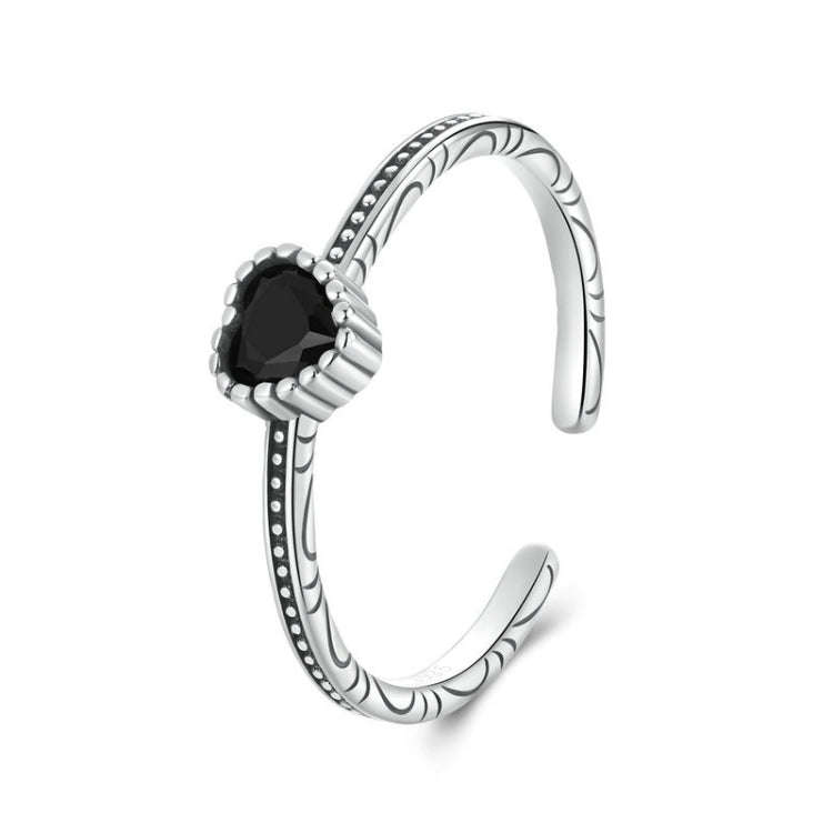 S925 Sterling Silver Oxidized Heart Of The Night Open Ring Adjustable Heart-shaped Ring(SCR1074-E)