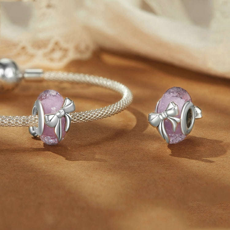 S925 Sterling Silver Pink Bow Glass Beads DIY Beads(BSC1057)