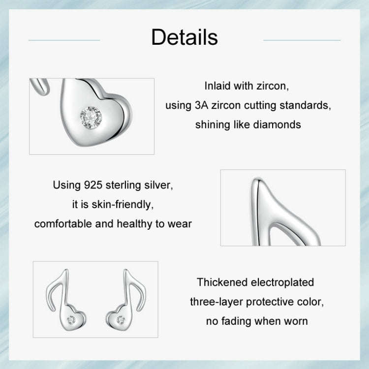 S925 Sterling Silver Platinum-plated Heart Note Zircon Earrings(SCE1805)
