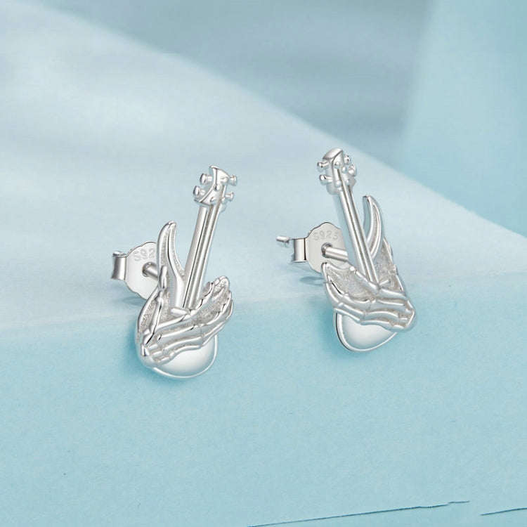 S925 Sterling Silver Platinum-plated Skeleton Hand Bass Earrings(SCE1806)