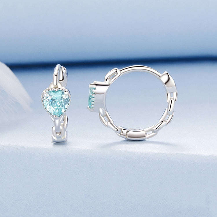 S925 Sterling Silver Heart Square Earrings Aquamarine Zircon Earrings, Model: BSE1099