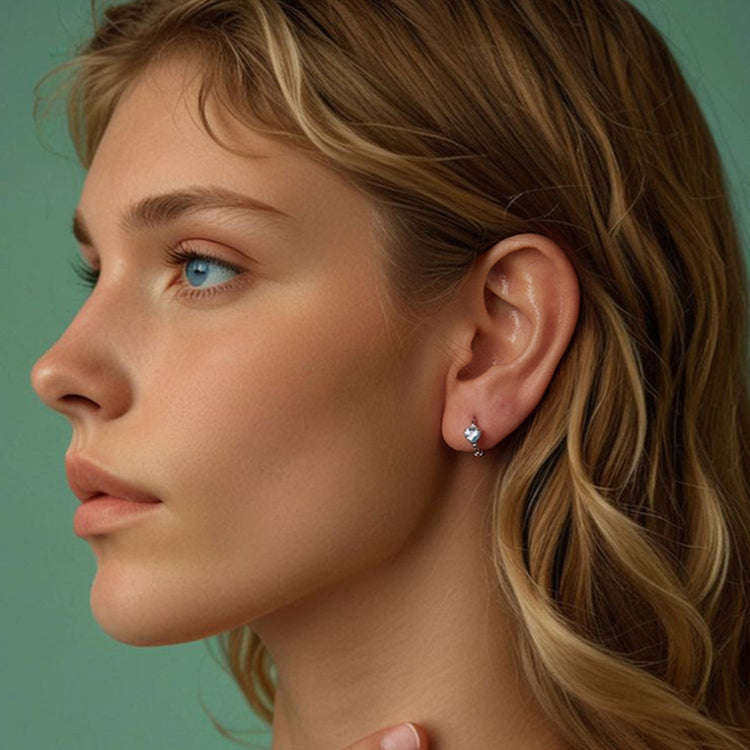 S925 Sterling Silver Heart Square Earrings Aquamarine Zircon Earrings, Model: BSE1099